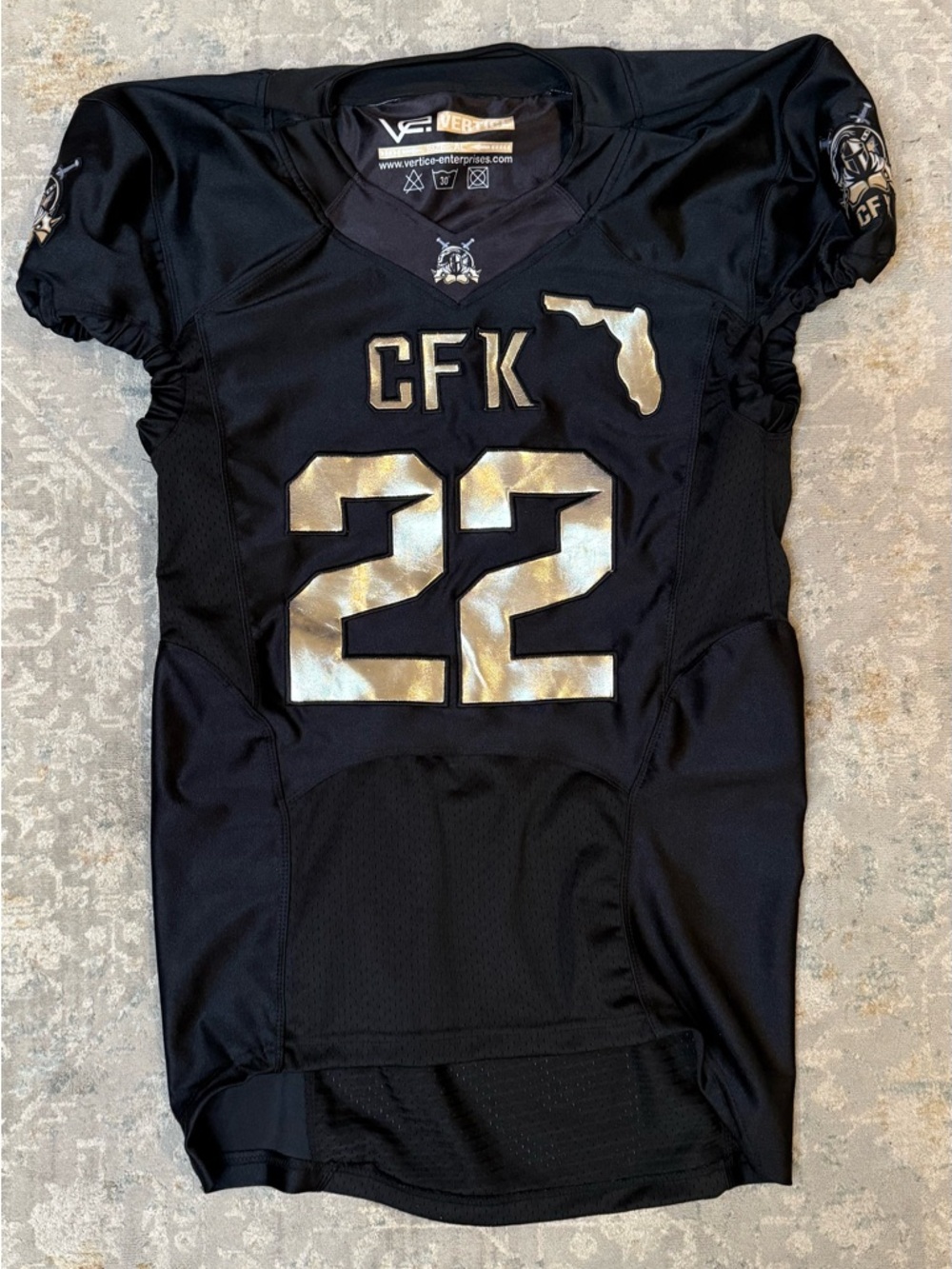 CFK #22 Black Football Jersey with Metallic Gold Details